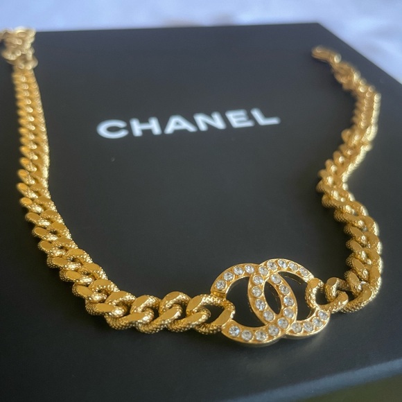 CHANEL Jewelry - CHANEL Gold CC Chain Choker Necklace OS Crystal Logo Made in France